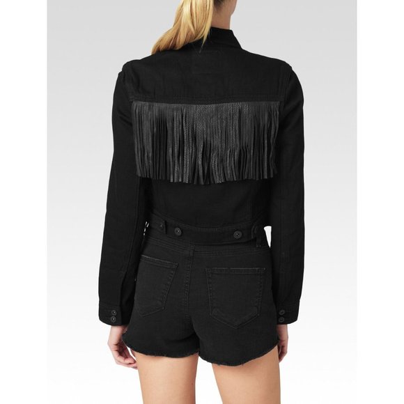 $299 PAIGE Cecily Leather FRINGED Short DENIM Jacket BLACK HAWK ( S ) - Picture 2 of 3